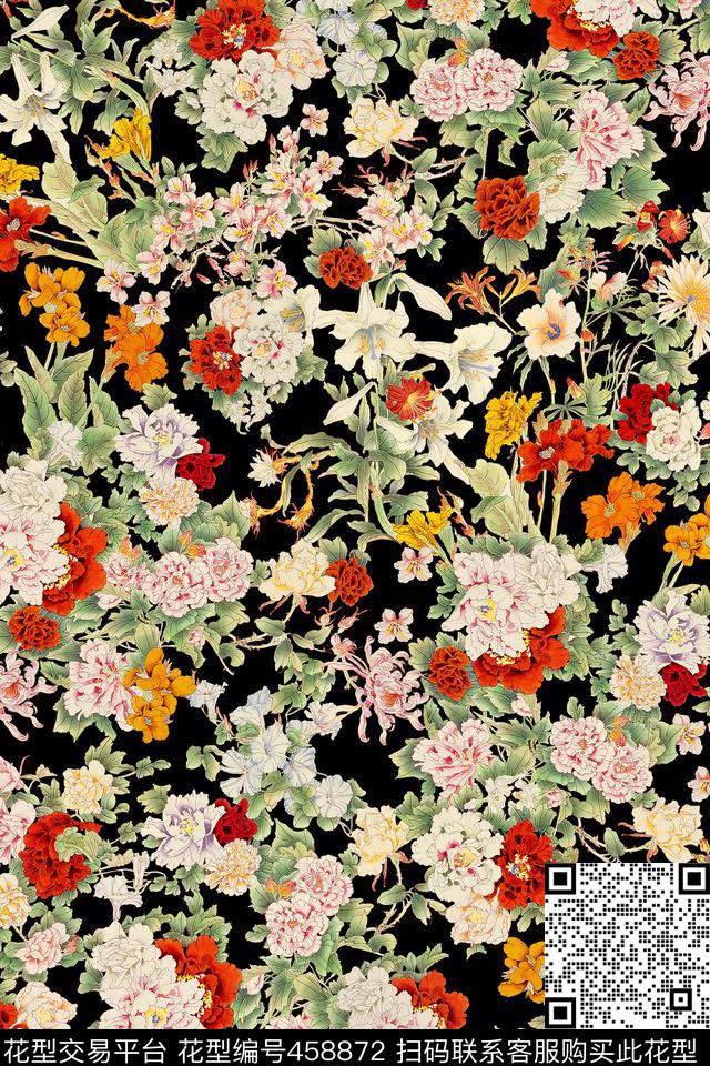 黑底牡丹小碎花现代中国风数码印花华亿平台下载（图片编号: 458872） - 瓦栏（Walan）