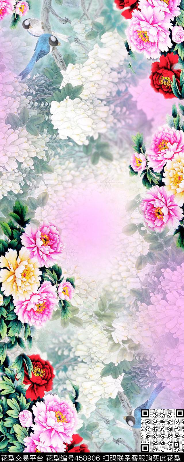 花牡丹花卉设计中国风数码印花华亿平台下载（图片编号: 458906） - 瓦栏（Walan）
