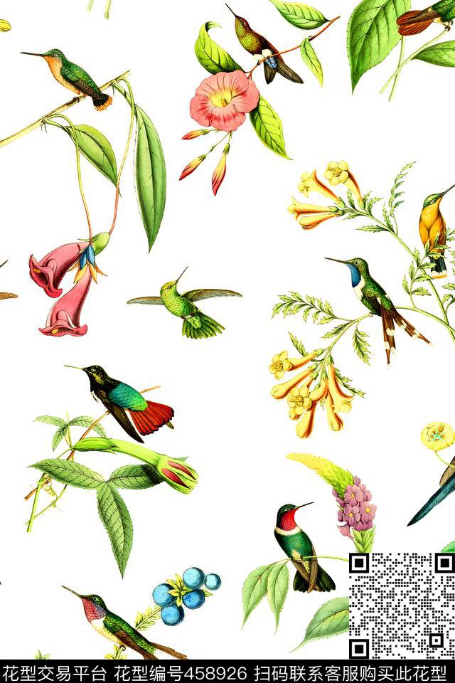 时尚树枝蜂鸟数码印花华亿平台下载（图片编号: 458926） - 瓦栏（Walan）