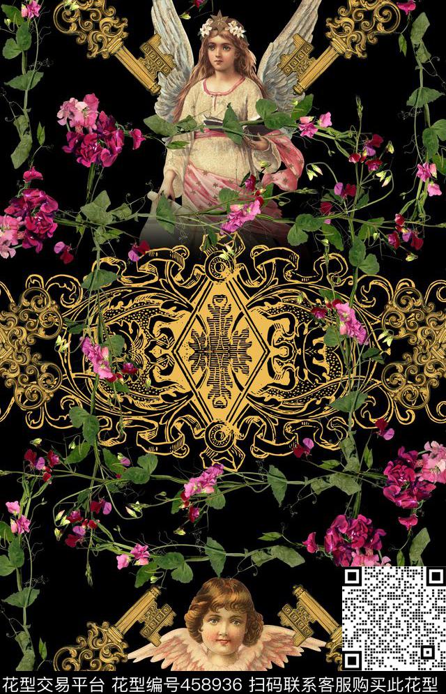 欧式花纹钥匙数码印花华亿平台下载（图片编号: 458936） - 瓦栏（Walan）