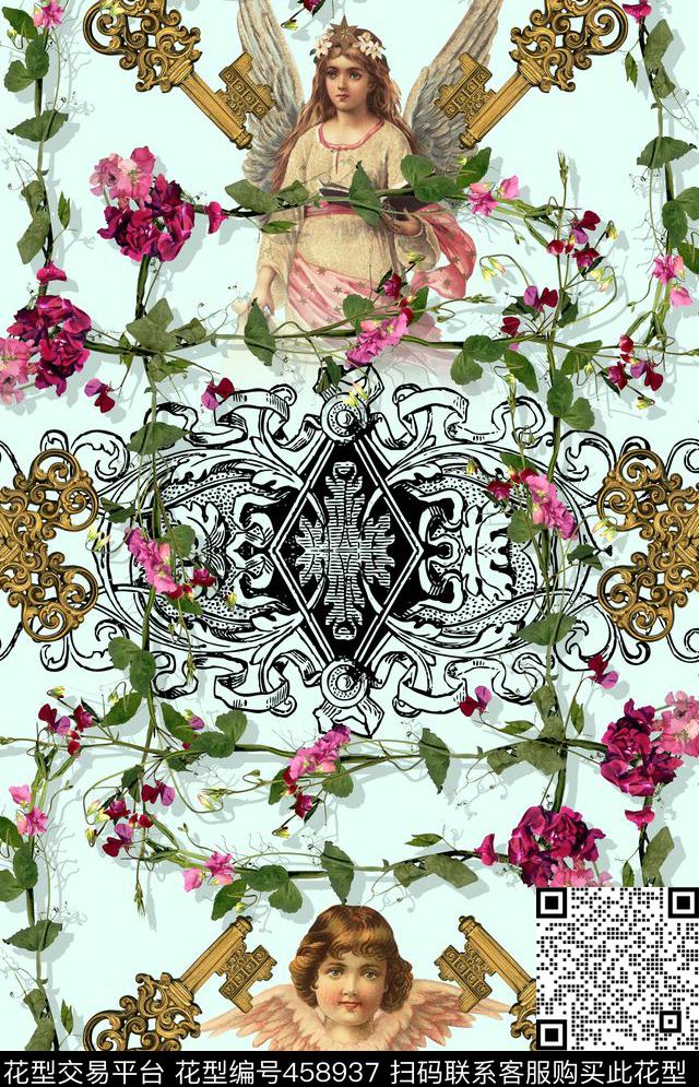 欧式花纹钥匙数码印花华亿平台下载（图片编号: 458937） - 瓦栏（Walan）