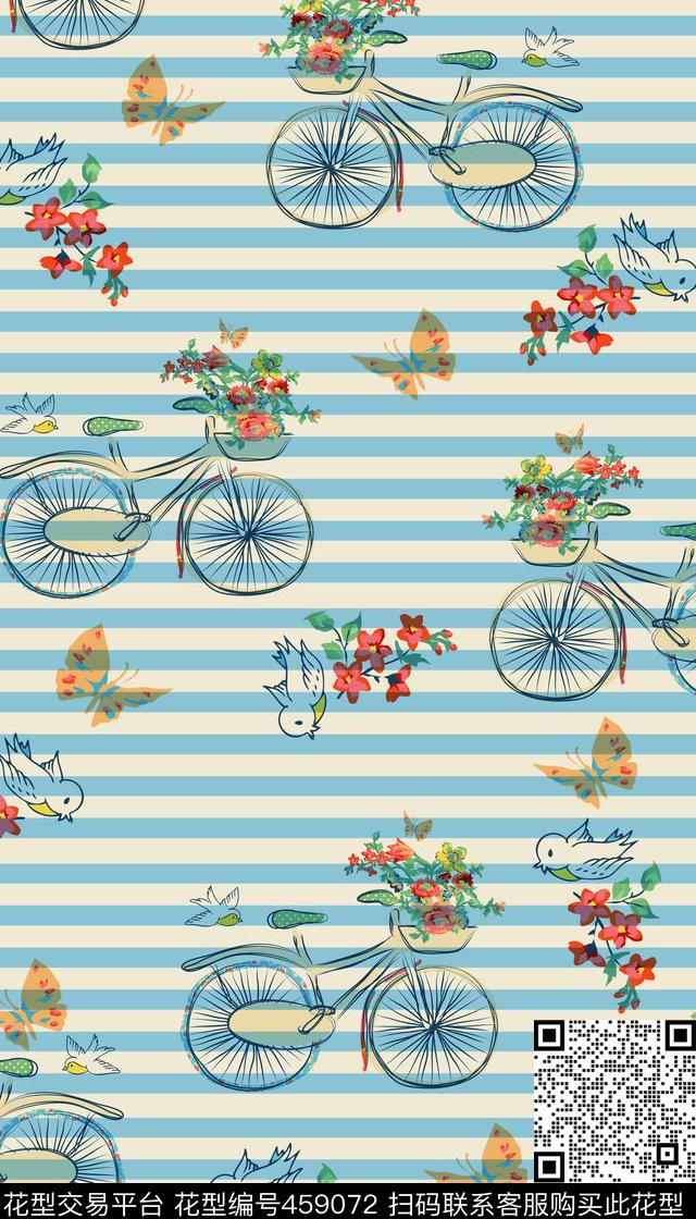 小清新手绘自行车花卉数码印花华亿平台下载（图片编号: 459072） - 瓦栏（Walan）