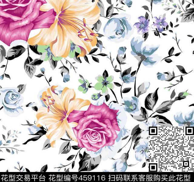 黑白几何花传统印花华亿平台下载（图片编号: 459116） - 瓦栏（Walan）