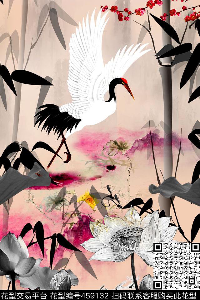 荷叶竹子水墨数码印花华亿平台下载（图片编号: 459132） - 瓦栏（Walan）