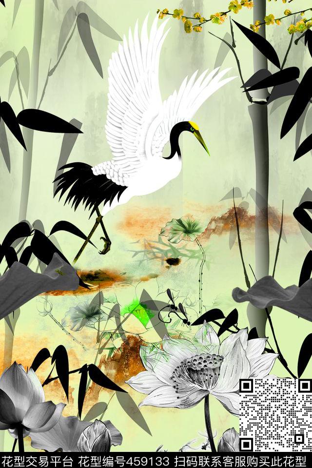 荷叶竹子水墨数码印花华亿平台下载（图片编号: 459133） - 瓦栏（Walan）