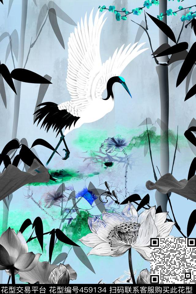 荷叶竹子水墨数码印花华亿平台下载（图片编号: 459134） - 瓦栏（Walan）