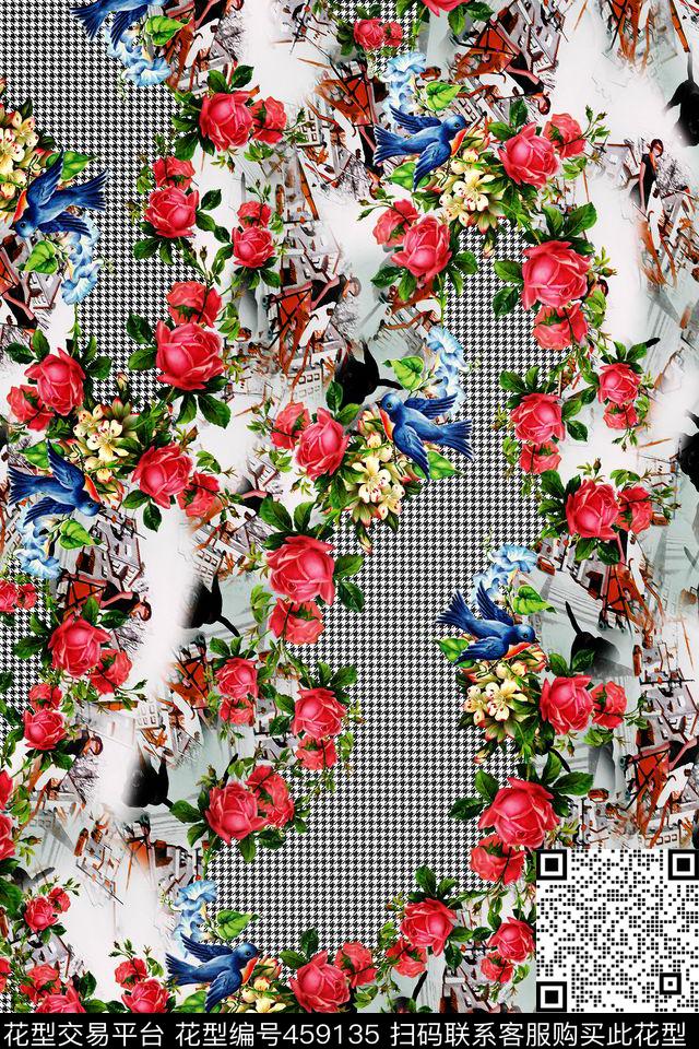 时尚创意大牌千鸟纹油画和花卉数码印花华亿平台下载（图片编号: 459135） - 瓦栏（Walan）