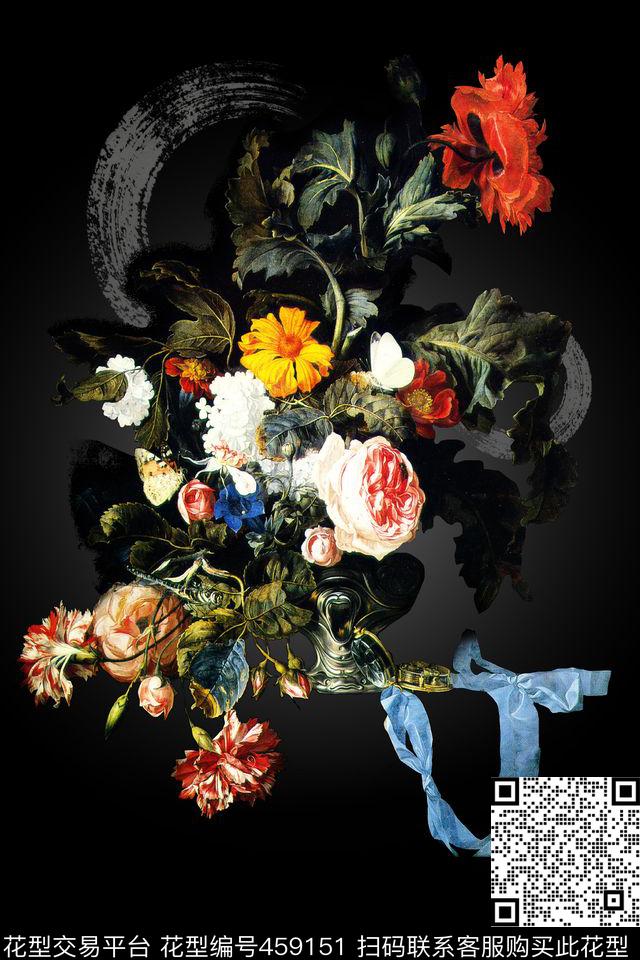 复古定位油画花卉数码印花华亿平台下载（图片编号: 459151） - 瓦栏（Walan）