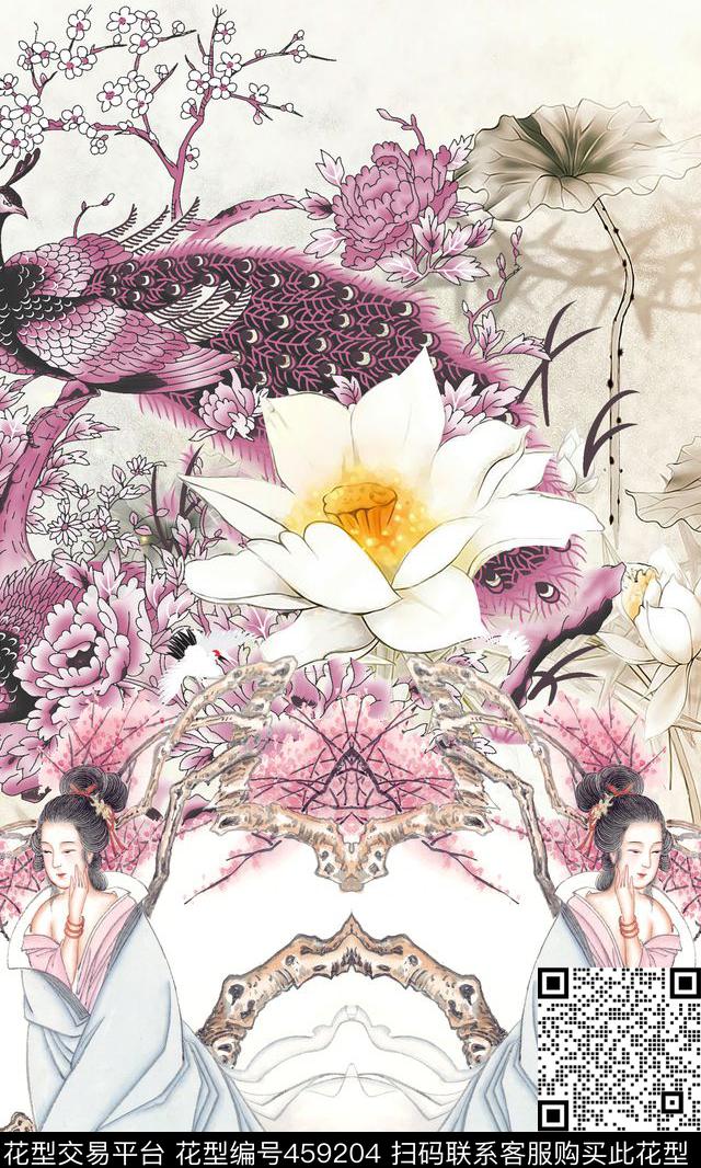 潮流时尚大牌定位孔雀人物数码印花华亿平台下载（图片编号: 459204） - 瓦栏（Walan）