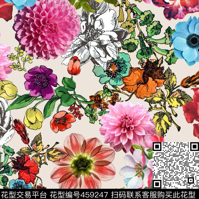 大气时尚多彩花海花卉数码印花华亿平台下载（图片编号: 459247） - 瓦栏（Walan）