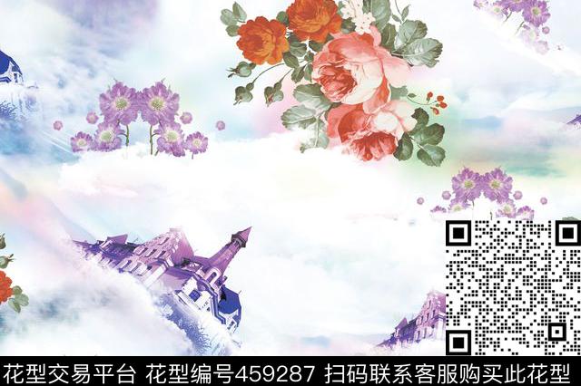 城堡花卉水彩数码印花华亿平台下载（图片编号: 459287） - 瓦栏（Walan）
