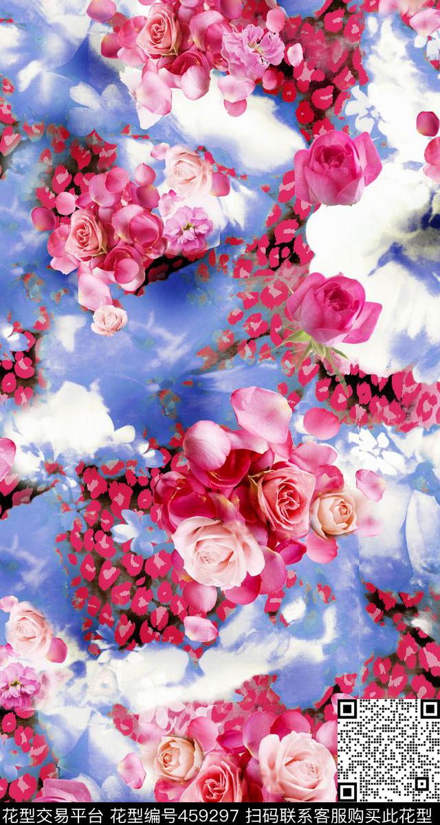 清新花卉蓝天白云数码印花华亿平台下载（图片编号: 459297） - 瓦栏（Walan）