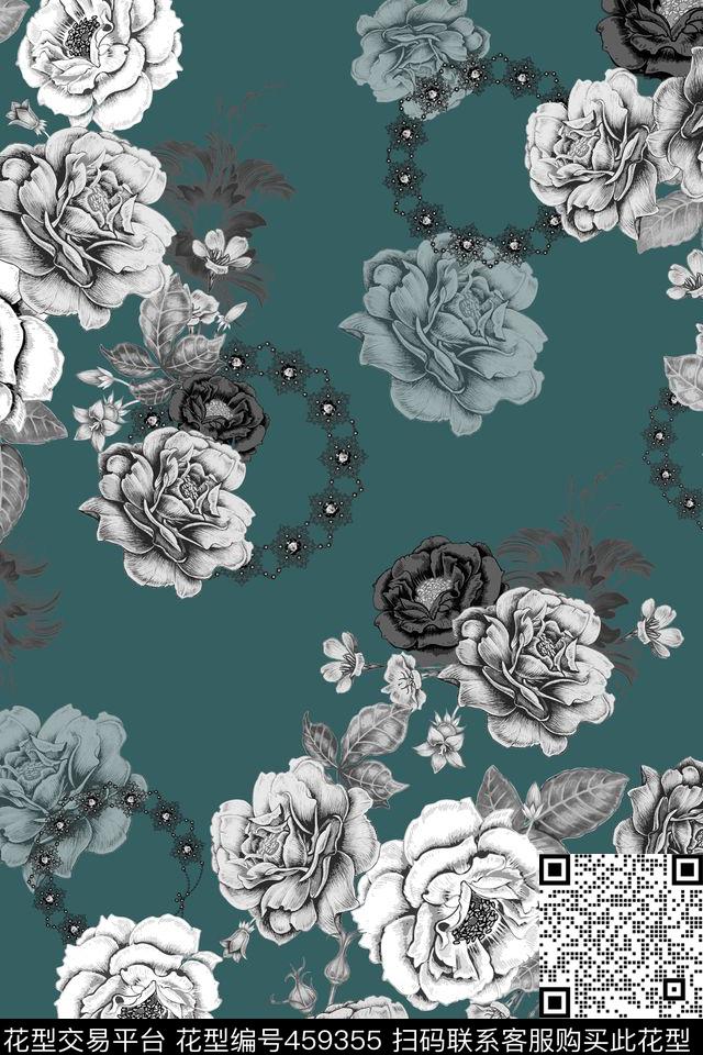 素雅花卉大气黑白组合简单珠宝图案传统印花华亿平台下载（图片编号: 459355） - 瓦栏（Walan）