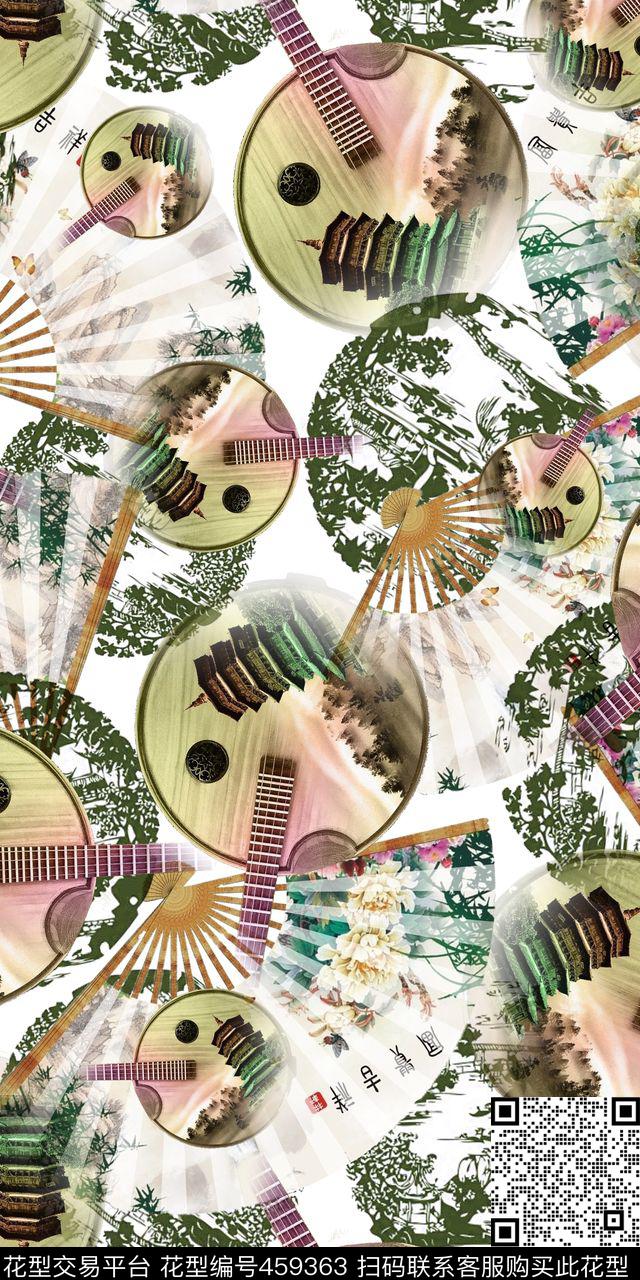 复古古塔扇子数码印花华亿平台下载（图片编号: 459363） - 瓦栏（Walan）