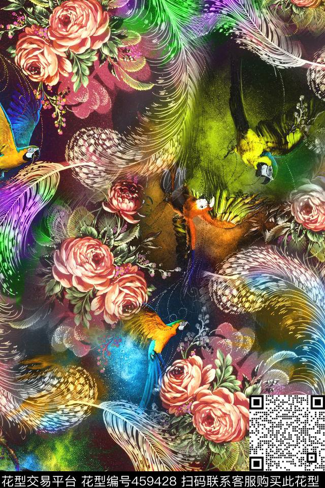 刺绣羽毛鹦鹉数码印花华亿平台下载（图片编号: 459428） - 瓦栏（Walan）