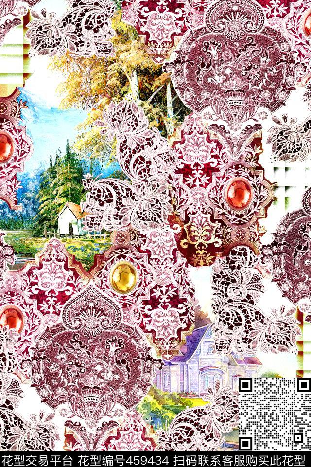 民族风蕾丝图案数码印花华亿平台下载（图片编号: 459434） - 瓦栏（Walan）