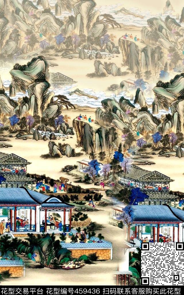 中国风水墨山水画数码印花华亿平台下载（图片编号: 459436） - 瓦栏（Walan）