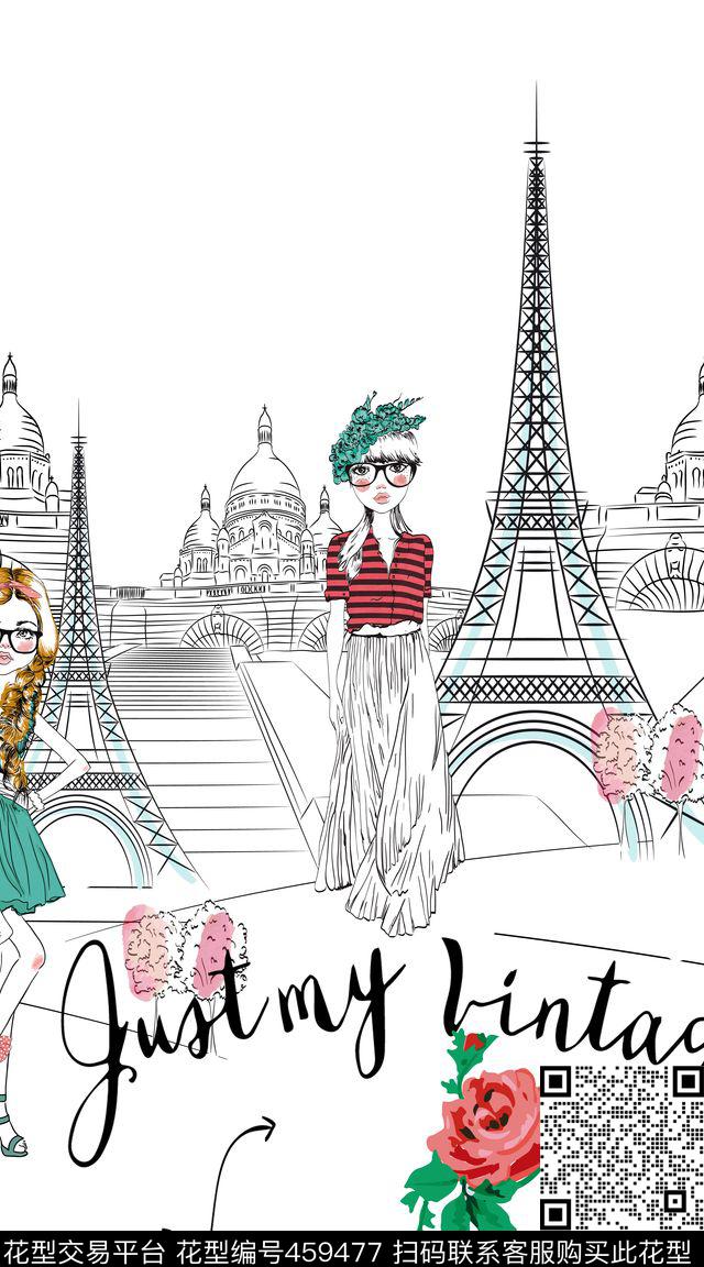 手绘时尚人物风景定位手绘巴黎铁塔、欧式建筑、插画人物大气裁片定位传统印花华亿平台下载（图片编号: 459477） - 瓦栏（Walan）