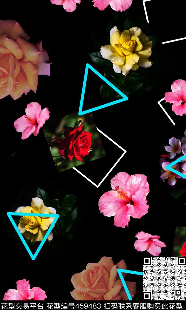 几何花卉几何、花卉组合、黑底绚丽花园数码印花华亿平台下载（图片编号: 459483） - 瓦栏（Walan）