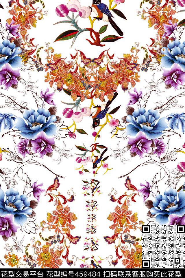 绣花鸟儿花卉数码印花华亿平台下载（图片编号: 459484） - 瓦栏（Walan）