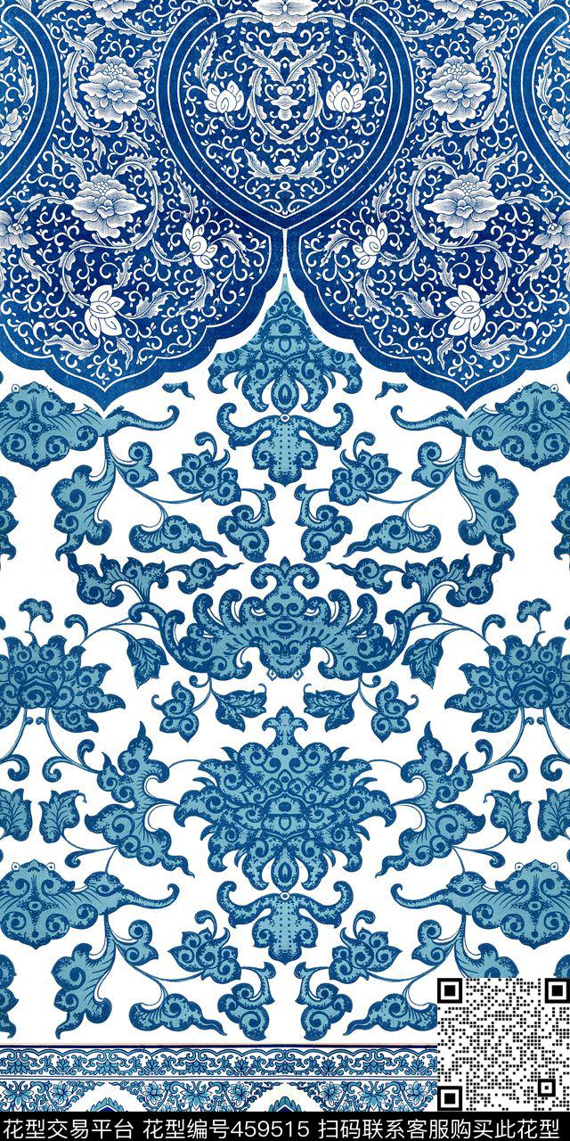 中国风青花瓷中式花纹数码印花华亿平台下载（图片编号: 459515） - 瓦栏（Walan）