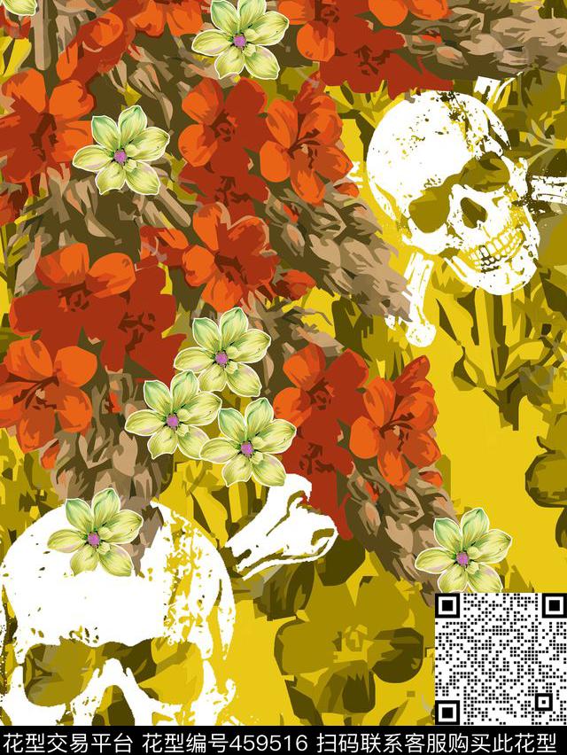 写意骷颅头花传统印花华亿平台下载（图片编号: 459516） - 瓦栏（Walan）