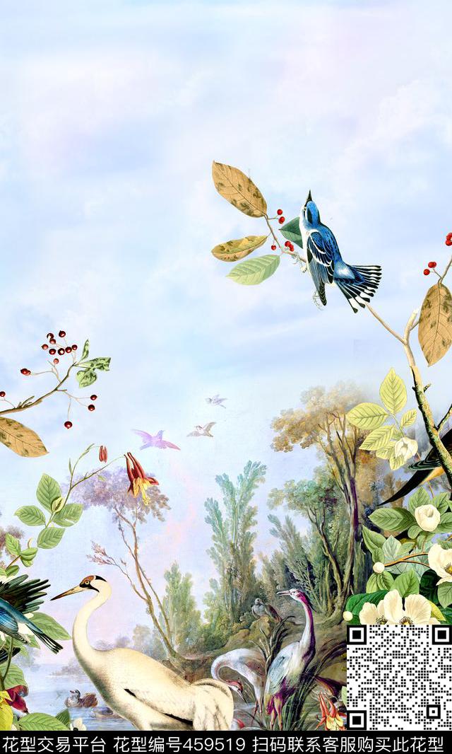 时尚风景仙鹤数码印花华亿平台下载（图片编号: 459519） - 瓦栏（Walan）