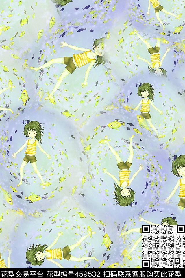 插画儿童鱼传统印花华亿平台下载（图片编号: 459532） - 瓦栏（Walan）