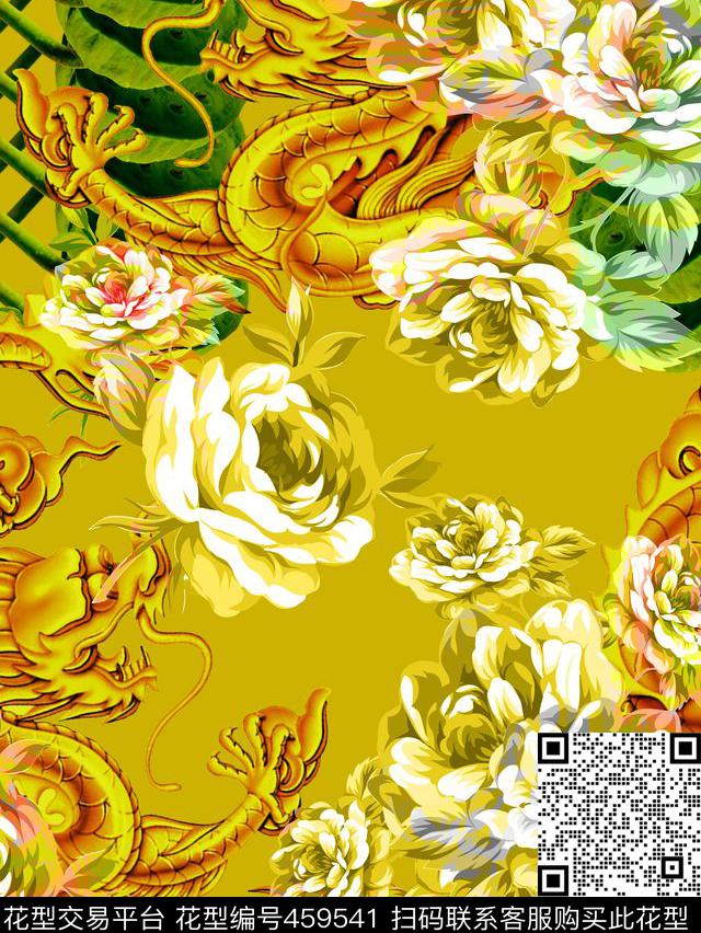 中国风花卉龙数码印花华亿平台下载（图片编号: 459541） - 瓦栏（Walan）