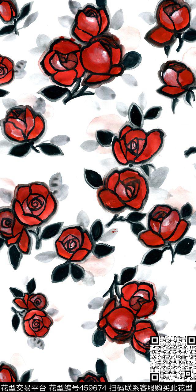 玫瑰清新手绘传统印花华亿平台下载（图片编号: 459674） - 瓦栏（Walan）