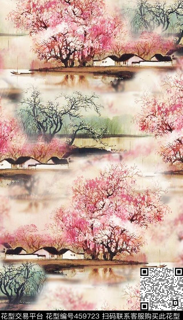 中国风风景水墨江南传统印花华亿平台下载（图片编号: 459723） - 瓦栏（Walan）