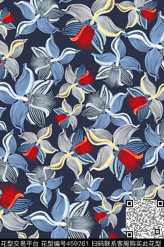 纯色底花卉线条数码印花华亿平台下载（图片编号: 459761） - 瓦栏（Walan）