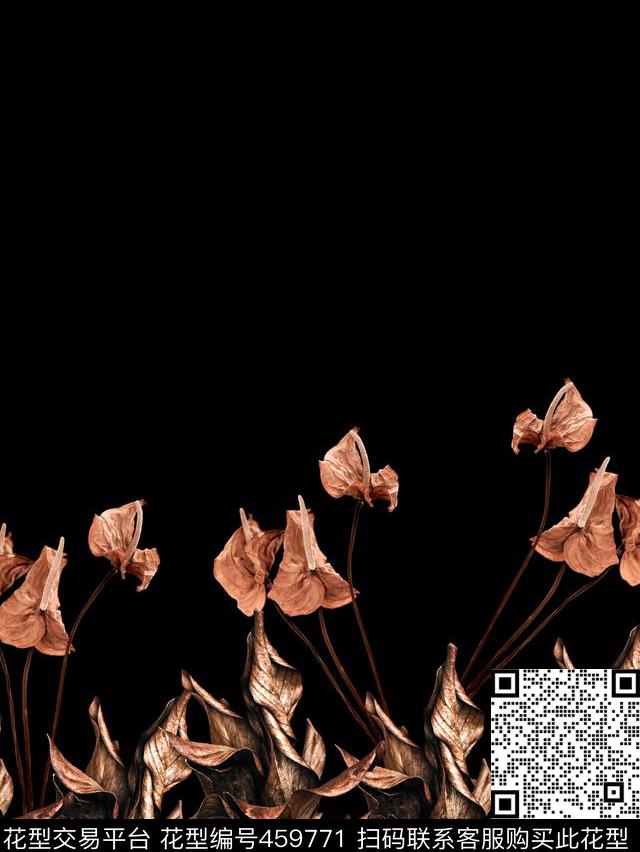 枯黄树叶树枝花复古秋冬数码印花华亿平台下载（图片编号: 459771） - 瓦栏（Walan）