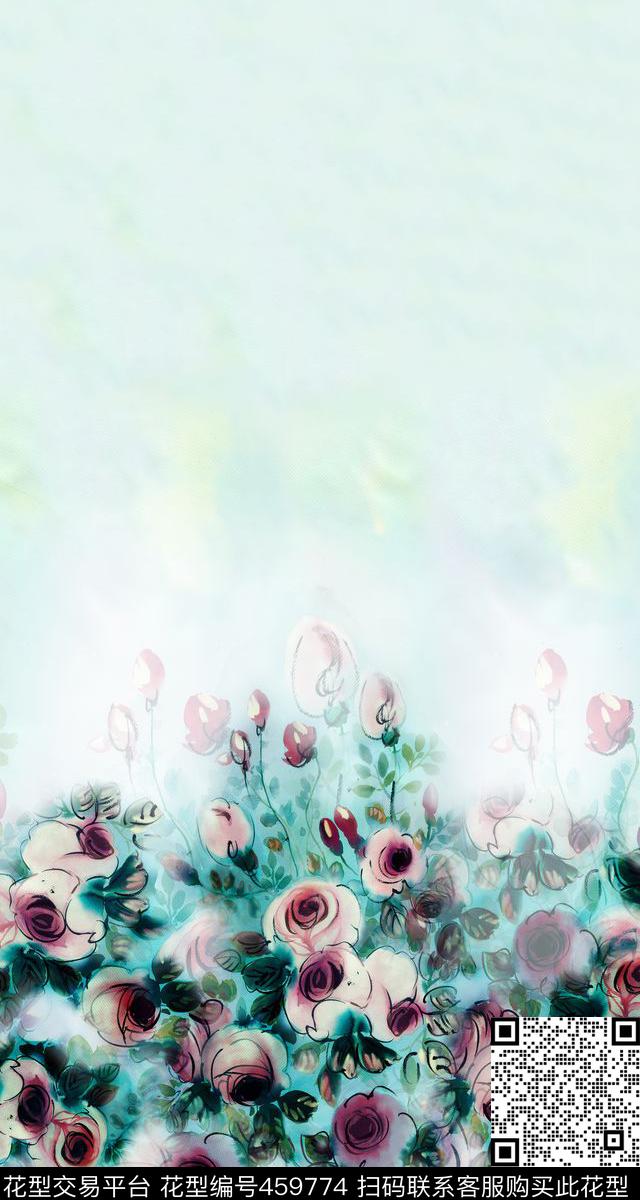 清新手绘薄荷蓝数码印花华亿平台下载（图片编号: 459774） - 瓦栏（Walan）