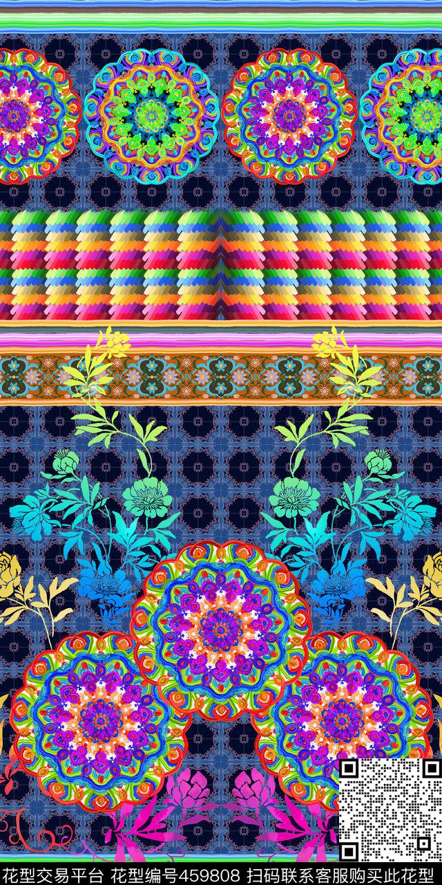 民族风手绘部落图腾数码印花华亿平台下载（图片编号: 459808） - 瓦栏（Walan）