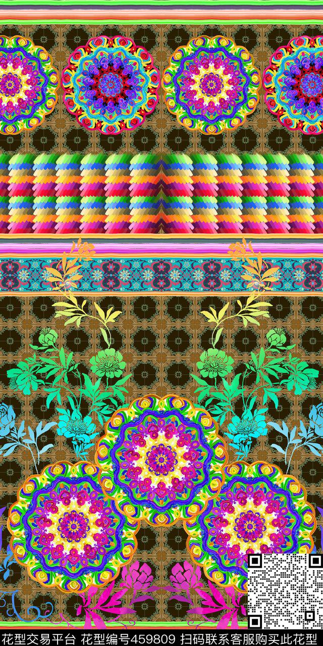 民族风手绘部落图腾数码印花华亿平台下载（图片编号: 459809） - 瓦栏（Walan）