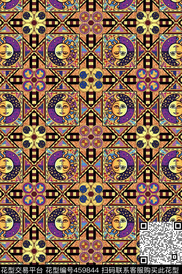 几何手绘太阳数码印花华亿平台下载（图片编号: 459844） - 瓦栏（Walan）