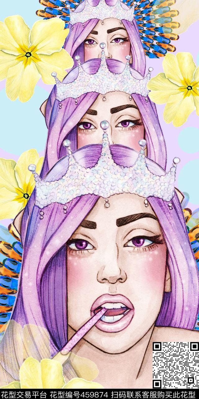 流行时尚插画丝巾数码印花华亿平台下载（图片编号: 459874） - 瓦栏（Walan）