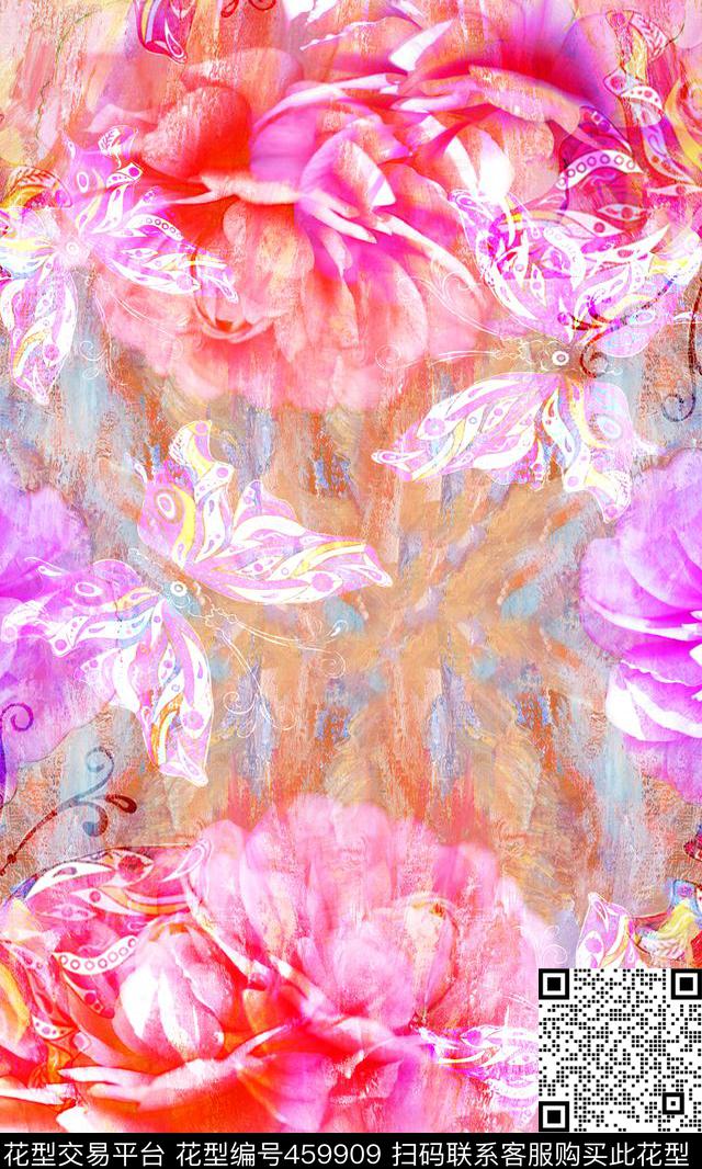 时尚玫瑰蝴蝶数码印花华亿平台下载（图片编号: 459909） - 瓦栏（Walan）