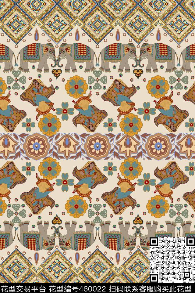 印度风情人物大象数码印花华亿平台下载（图片编号: 460022） - 瓦栏（Walan）