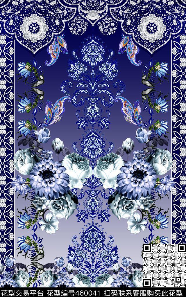 中国风青花瓷花卉数码印花华亿平台下载（图片编号: 460041） - 瓦栏（Walan）