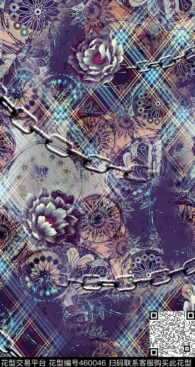 格子花卉欧式数码印花华亿平台下载（图片编号: 460046） - 瓦栏（Walan）