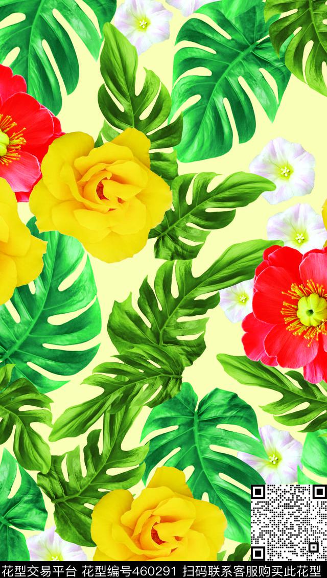 红花黄花绿叶数码印花华亿平台下载（图片编号: 460291） - 瓦栏（Walan）