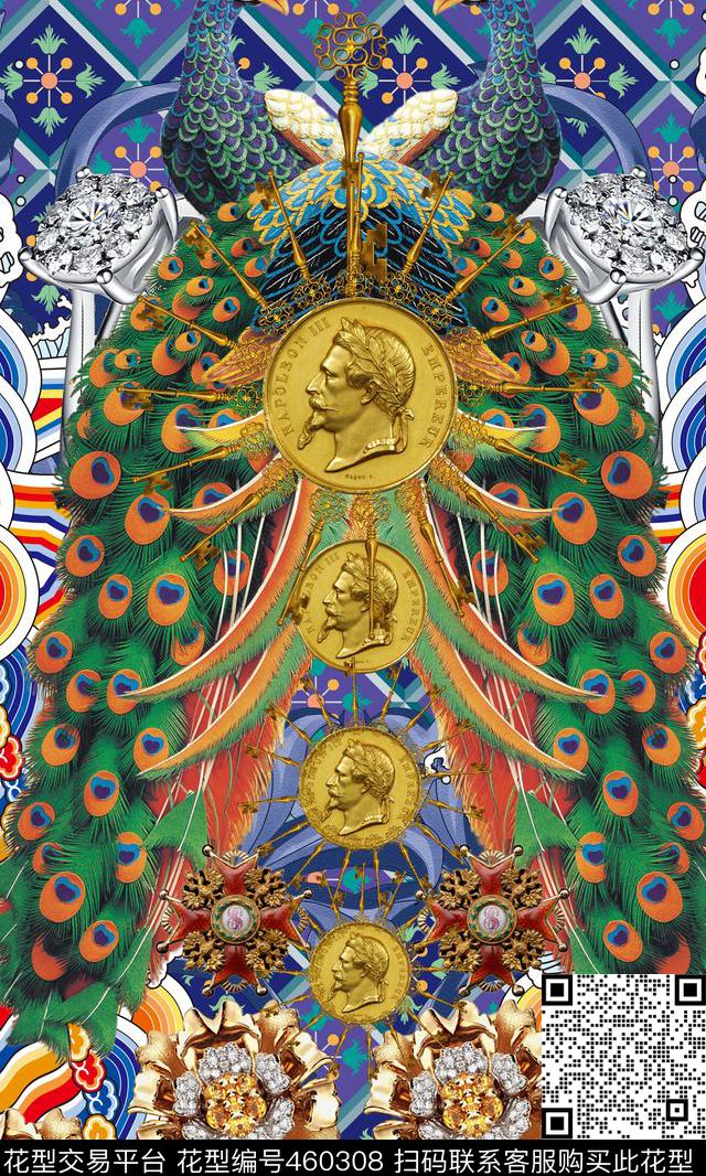 时尚潮流大牌孔雀中国纹理数码印花华亿平台下载（图片编号: 460308） - 瓦栏（Walan）