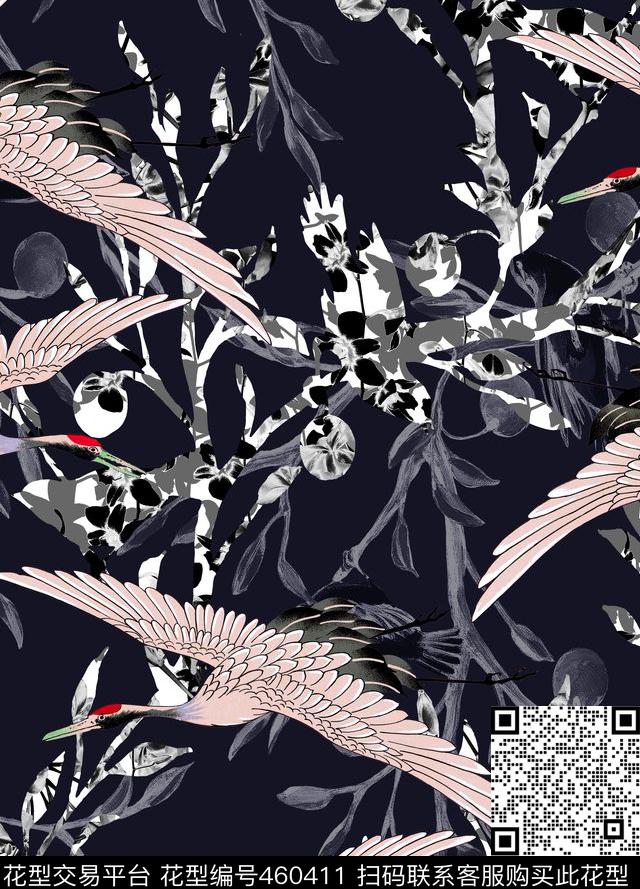 时尚大牌仙鹤树枝数码印花华亿平台下载（图片编号: 460411） - 瓦栏（Walan）