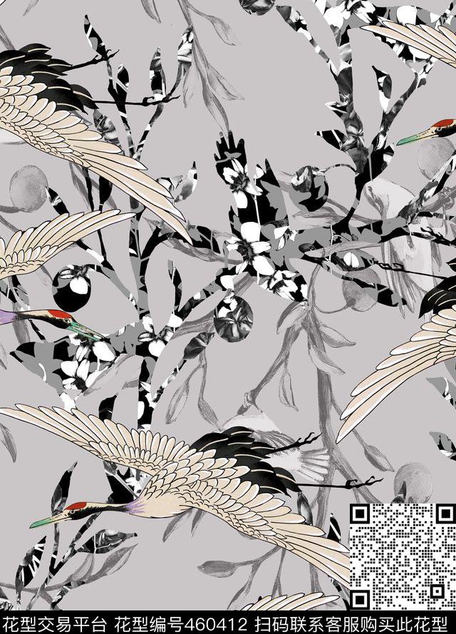时尚大牌仙鹤树枝数码印花华亿平台下载（图片编号: 460412） - 瓦栏（Walan）