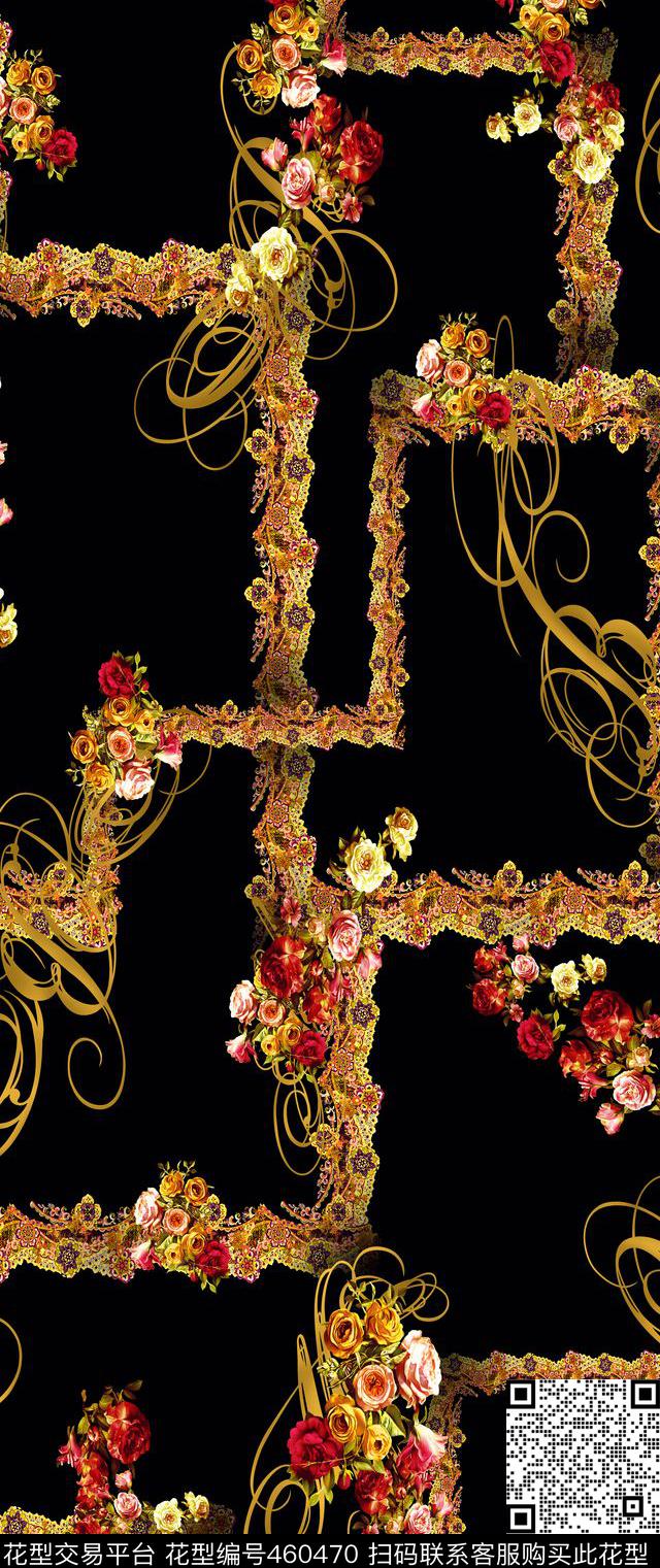 欧式宫廷风手捧花束欧式边框格纹数码印花华亿平台下载（图片编号: 460470） - 瓦栏（Walan）