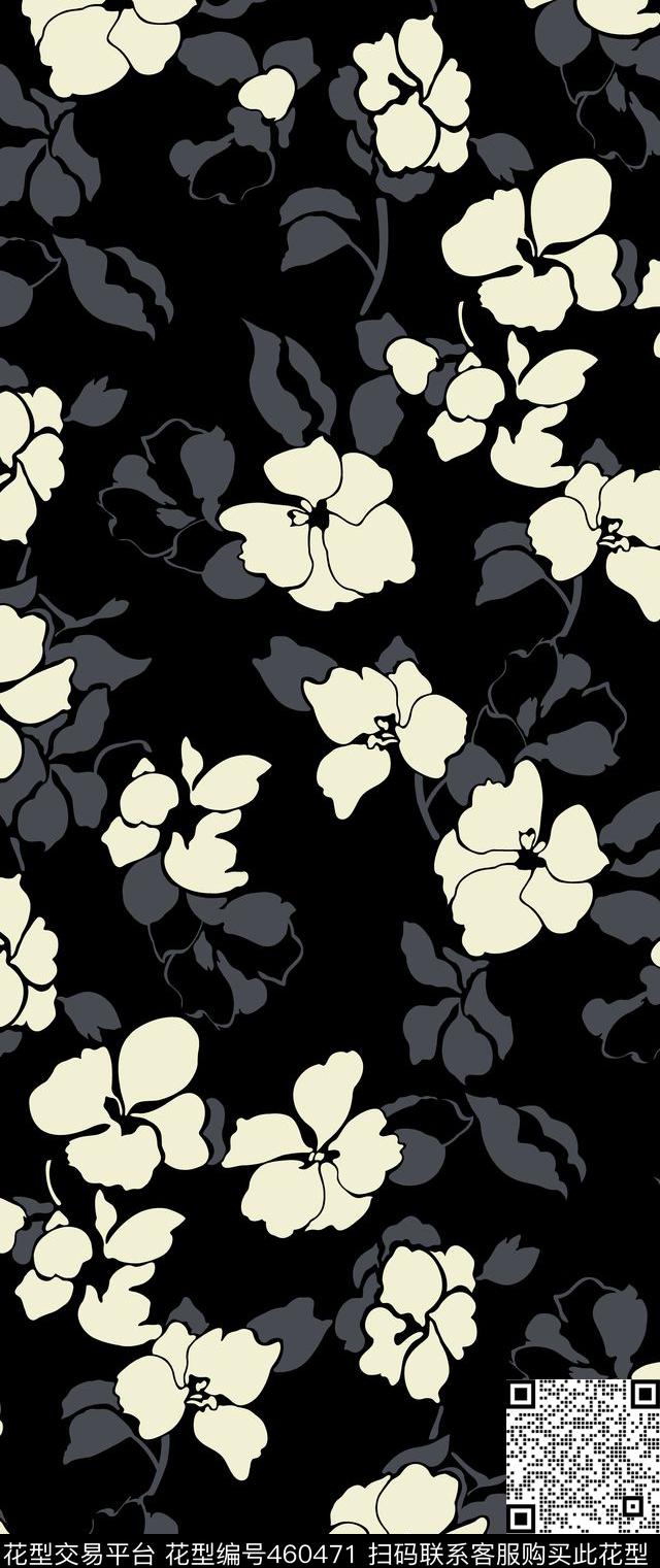 经典黑白素雅简笔画花朵传统印花华亿平台下载（图片编号: 460471） - 瓦栏（Walan）