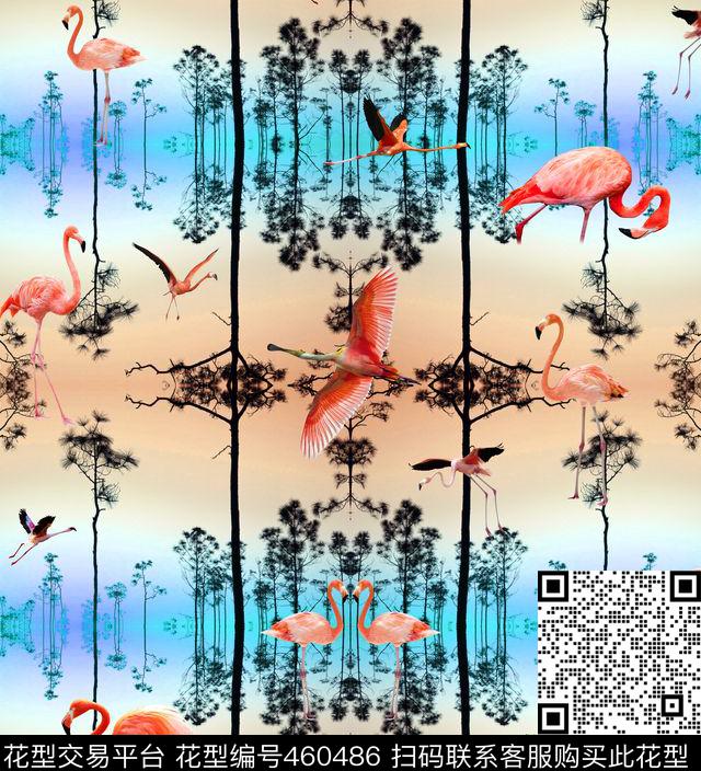 花卉火烈鸟惬意数码印花华亿平台下载（图片编号: 460486） - 瓦栏（Walan）