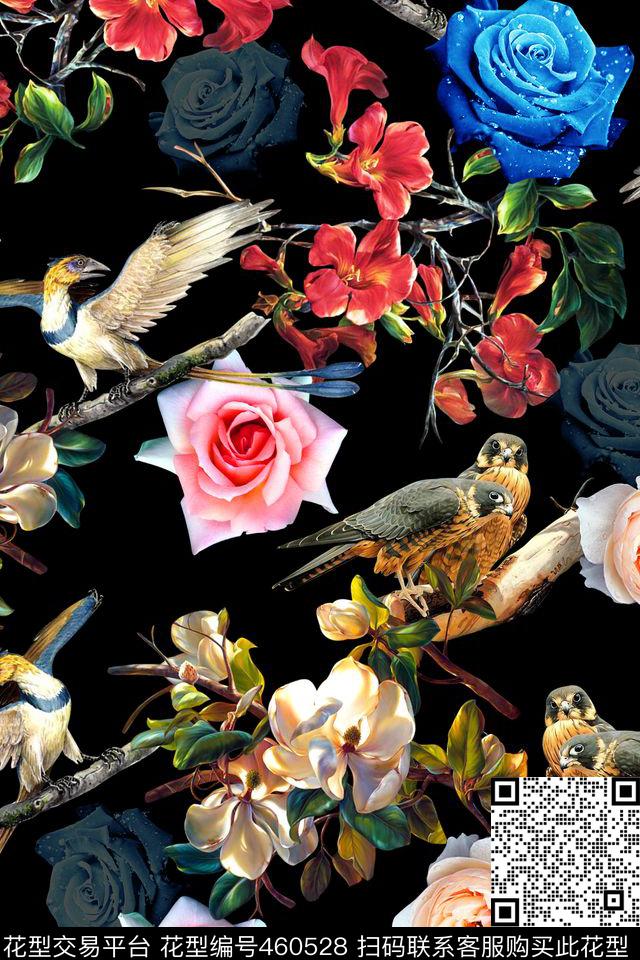女装鸟花卉数码印花华亿平台下载（图片编号: 460528） - 瓦栏（Walan）